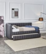 Łóżko pojedyncze DERBY z wysuwanym materacem 90x200 cm popielaty velvet do sypialni - obrazek 3