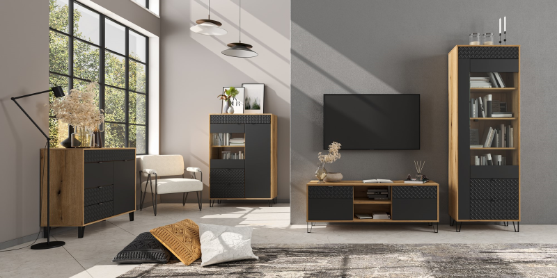 Witryna BELLANO niska 1d1w2s [C2] dąb evok / czarny | Mebelbos — zdjęcie 2