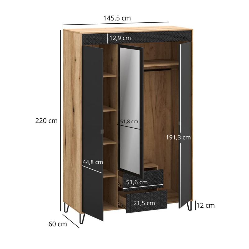 Szafa BELLANO z lustrem 3d2s [H] dąb evok / czarny | Mebelbos — zdjęcie 2