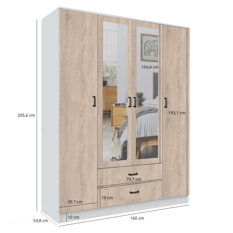Szafa KAMI z lustrem 4d2s biały / dąb sonoma | Mebelbos — zdjęcie 2