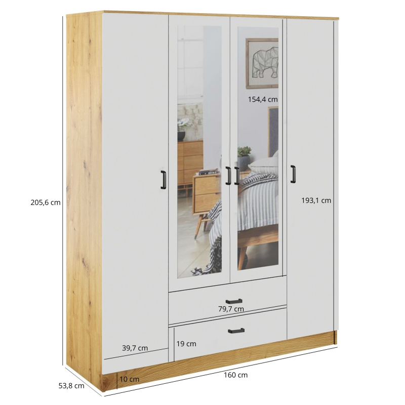 Szafa KAMI z lustrem 4d2s dąb artisan / biały | Mebelbos — zdjęcie 2