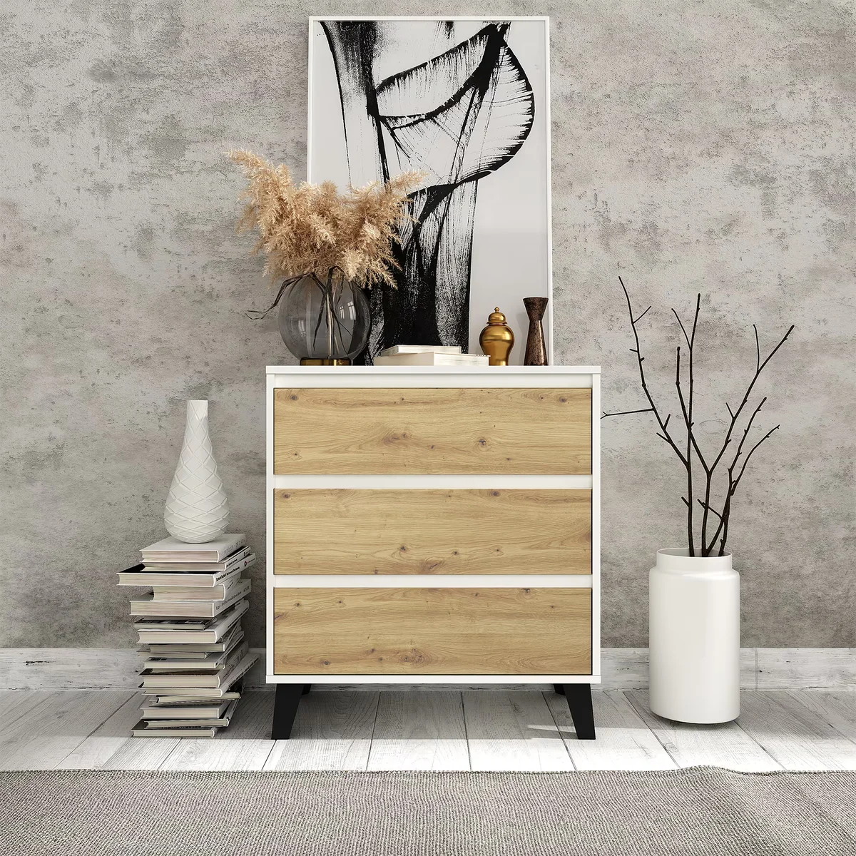 Komoda BORG 3s/70 biały / dąb artisan | Mebelbos — zdjęcie 4 Komoda BORG 3s/70 biały / dąb artisan | Mebelbos — zdjęcie 4