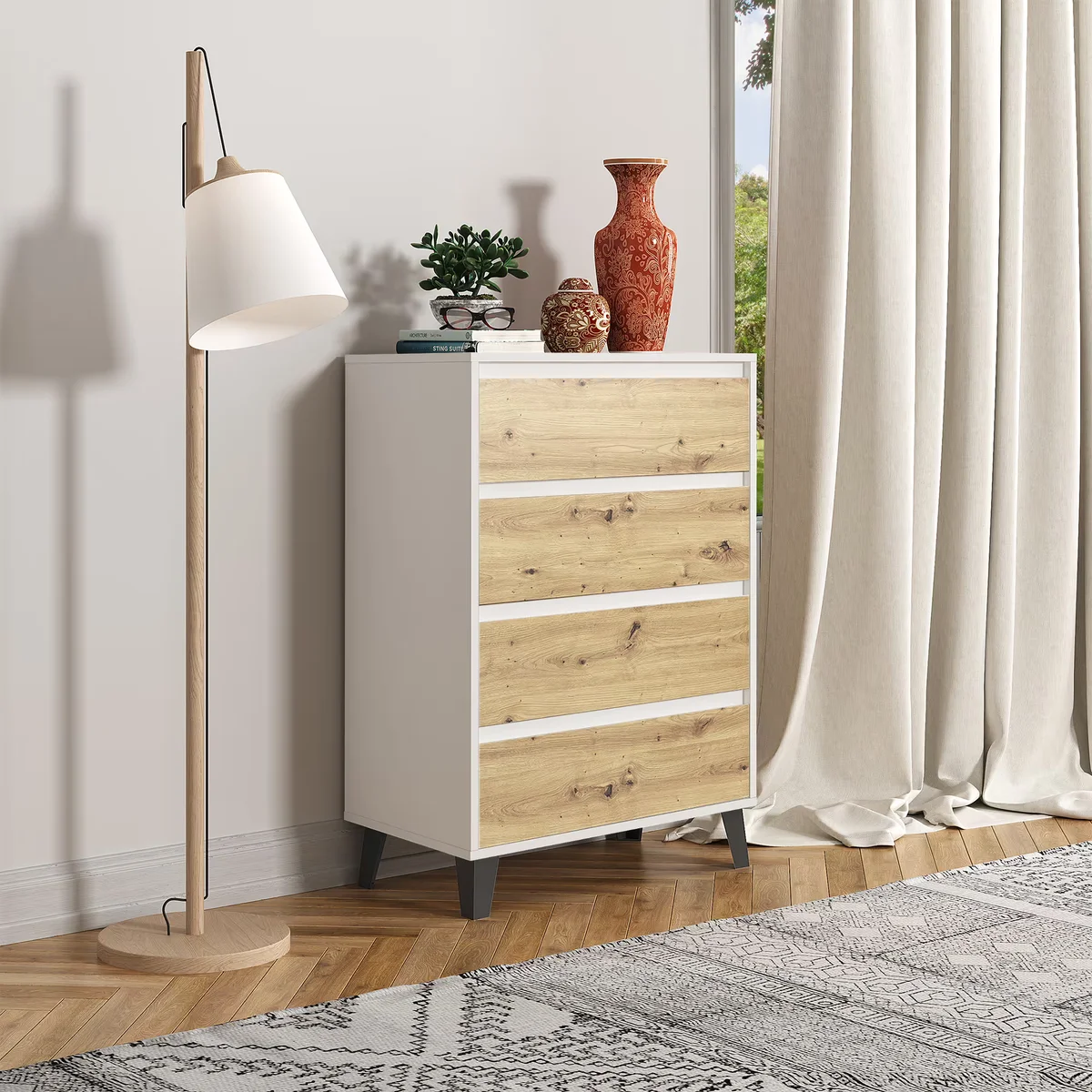 Komoda BORG 4s/70 biały / dąb artisan | Mebelbos — zdjęcie 3 Komoda BORG 4s/70 biały / dąb artisan | Mebelbos — zdjęcie 3