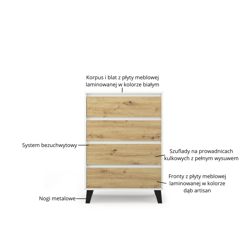Komoda BORG 4s/70 biały / dąb artisan | Mebelbos — zdjęcie 7 Komoda BORG 4s/70 biały / dąb artisan | Mebelbos — zdjęcie 7