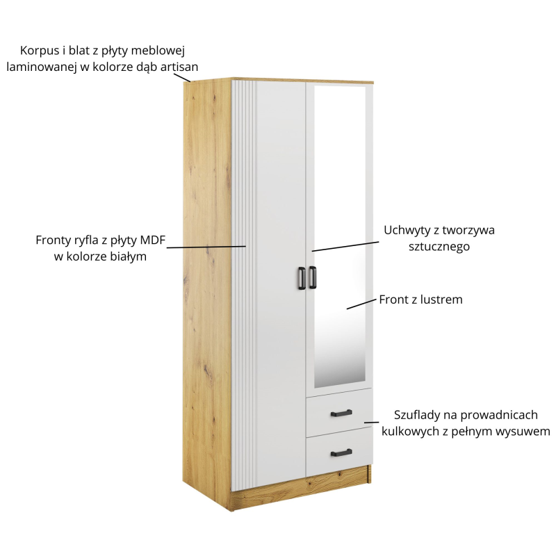Szafa KAMI 2d2s z lustrem RYFLA dąb artisan / biały | Mebelbos — zdjęcie 3