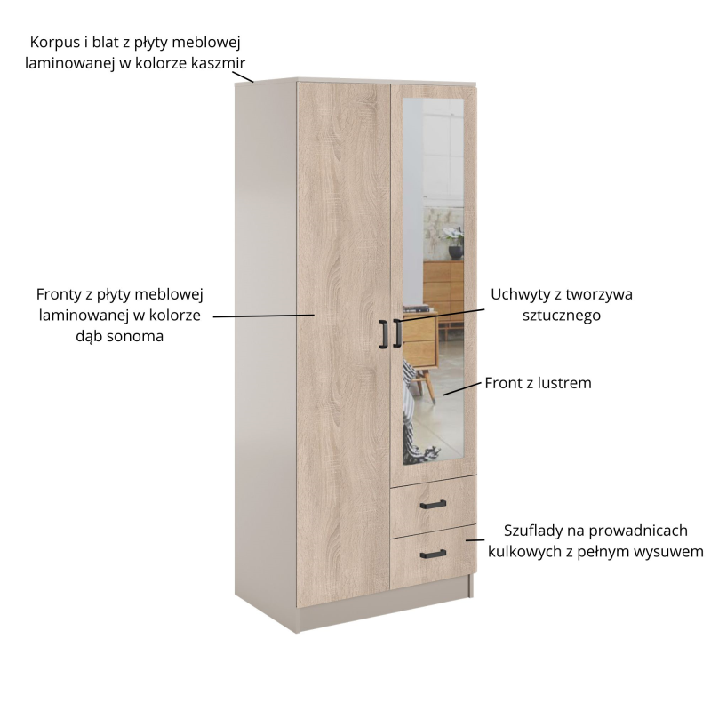 Szafa KAMI z lustrem 2d2s kaszmir / dąb sonoma | Mebelbos — zdjęcie 3