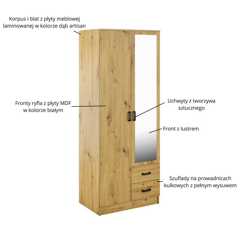 Szafa KAMI z lustrem 2d2s dąb artisan | Mebelbos — zdjęcie 3 Szafa KAMI z lustrem 2d2s dąb artisan | Mebelbos — zdjęcie 3