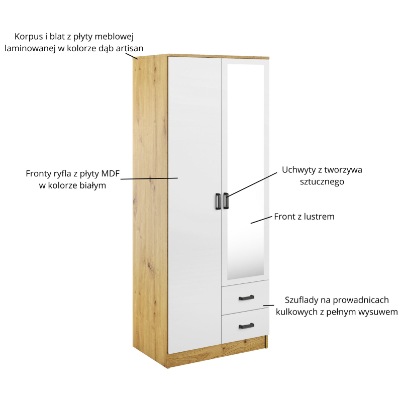 Szafa KAMI z lustrem 2d2s dąb artisan / biały | Mebelbos — zdjęcie 3