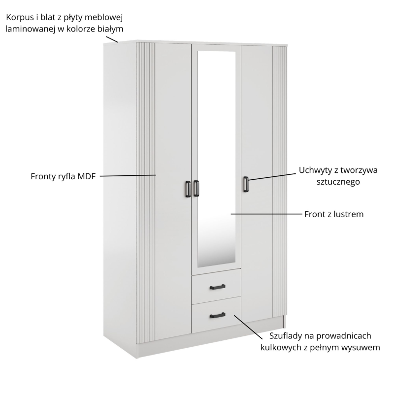 Szafa KAMI 3d2s z lustrem RYFLA biały | Mebelbos — zdjęcie 4