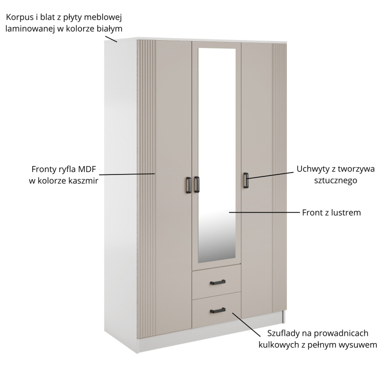 Szafa KAMI 3d2s z lustrem RYFLA biały / kaszmir | Mebelbos — zdjęcie 3