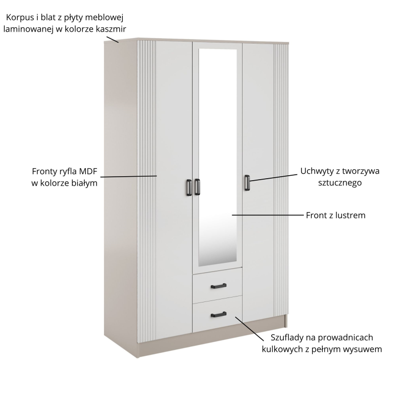 Szafa KAMI 3d2s z lustrem RYFLA kaszmir / biały | Mebelbos — zdjęcie 3