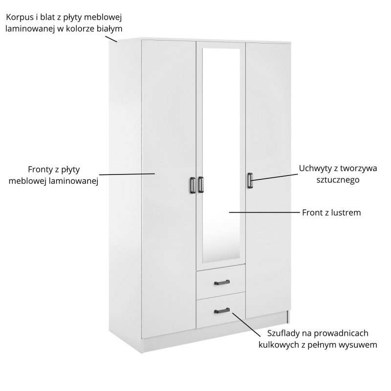 Szafa KAMI z lustrem 3d2s biały | Mebelbos — zdjęcie 3 Szafa KAMI z lustrem 3d2s biały | Mebelbos — zdjęcie 3