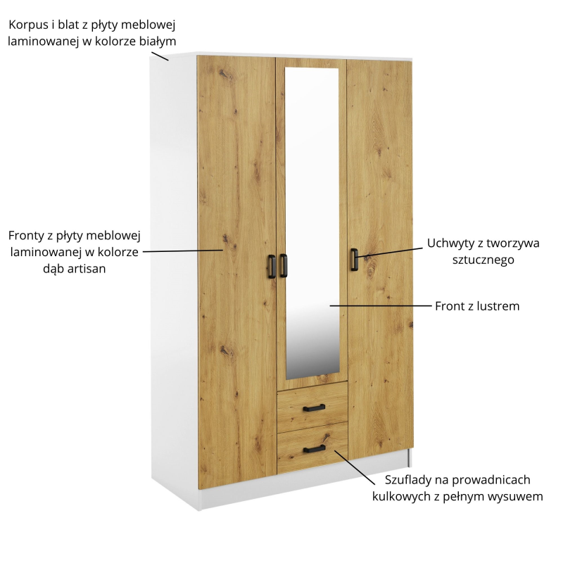 Szafa KAMI z lustrem 3d2s biały / dąb artisan | Mebelbos — zdjęcie 3