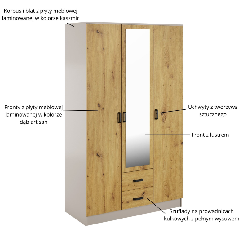 Szafa KAMI z lustrem 3d2s kaszmir / dąb artisan | Mebelbos — zdjęcie 3