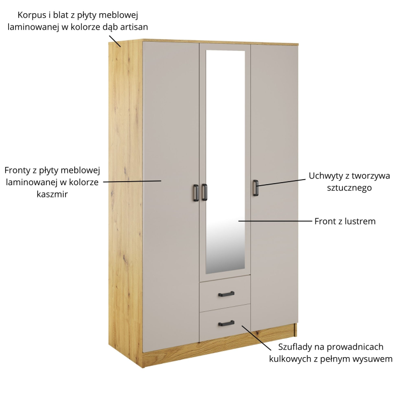 Szafa KAMI z lustrem 3d2s dąb artisan / kaszmir | Mebelbos — zdjęcie 3