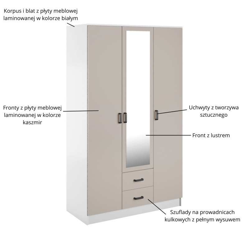 Szafa KAMI z lustrem 3d2s biały / kaszmir | Mebelbos — zdjęcie 3