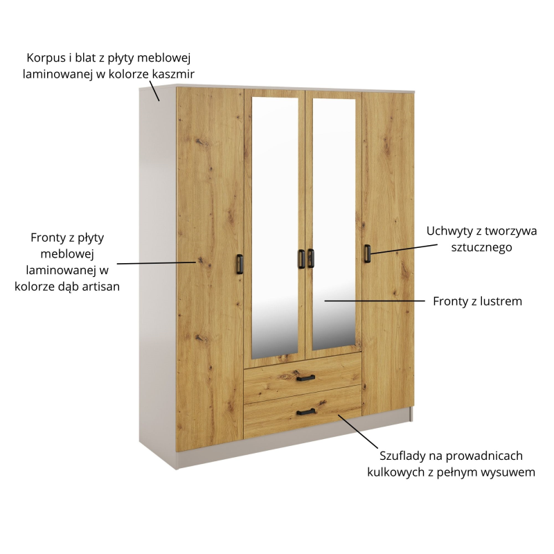 Szafa KAMI z lustrem 4d2s kaszmir / dąb artisan | Mebelbos — zdjęcie 3 Szafa KAMI z lustrem 4d2s kaszmir / dąb artisan | Mebelbos — zdjęcie 3