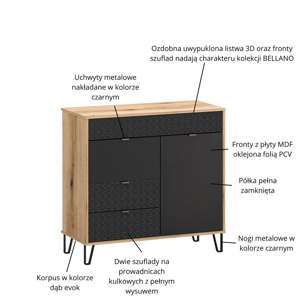 Komoda BELLANO 2d2s [E] dąb evok / czarny | Mebelbos — zdjęcie 6