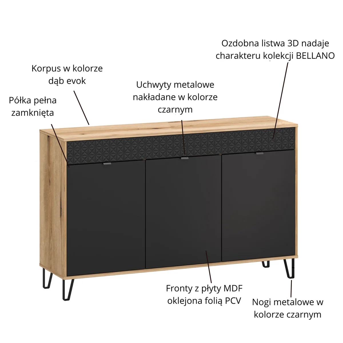 Komoda BELLANO 3d [G] dąb evok / czarny | Mebelbos — zdjęcie 4