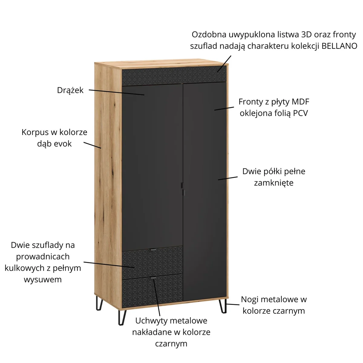 Szafa BELLANO 2d2s [F] dąb evok / czarny | Mebelbos — zdjęcie 4