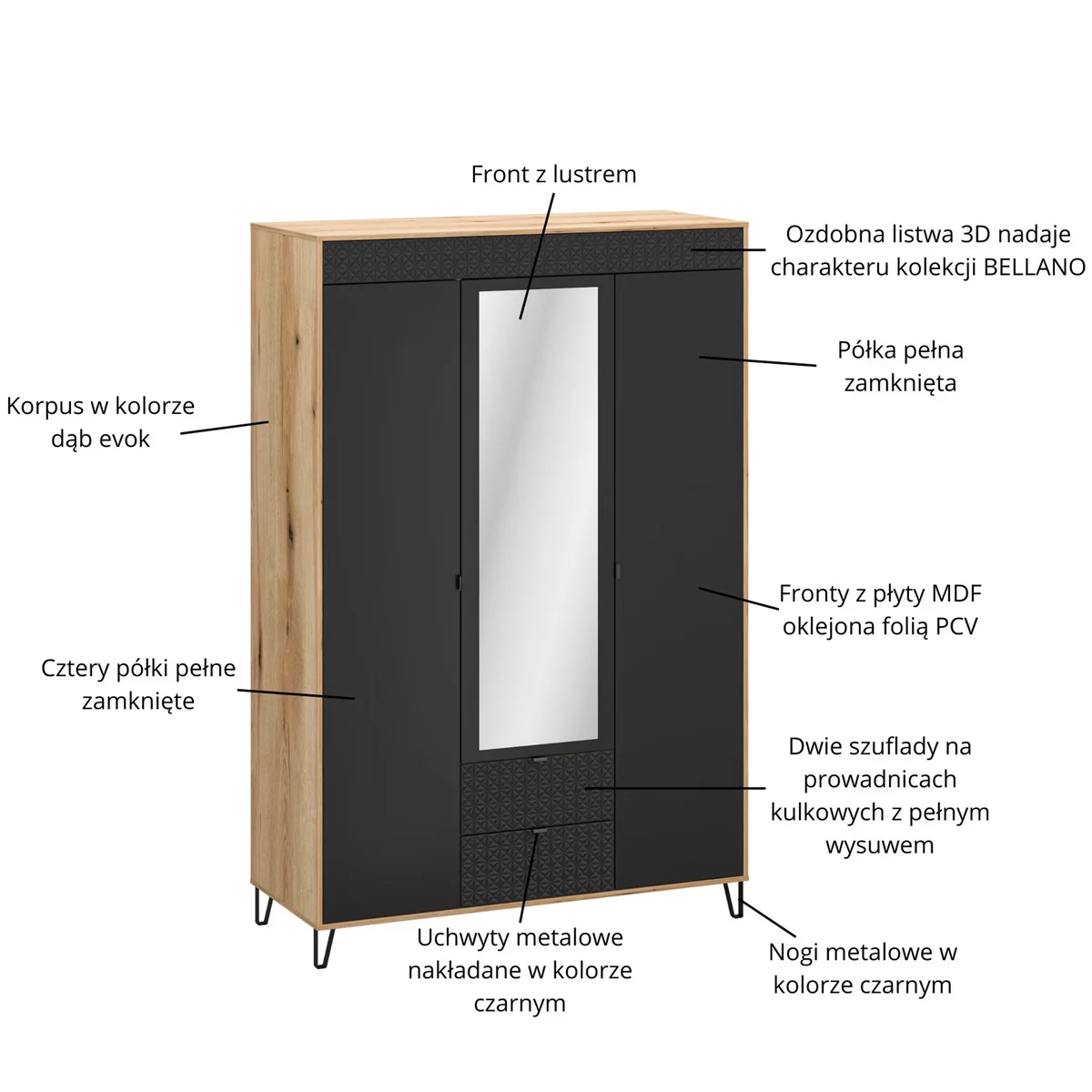 Szafa BELLANO z lustrem 3d2s [H] dąb evok / czarny | Mebelbos — zdjęcie 5