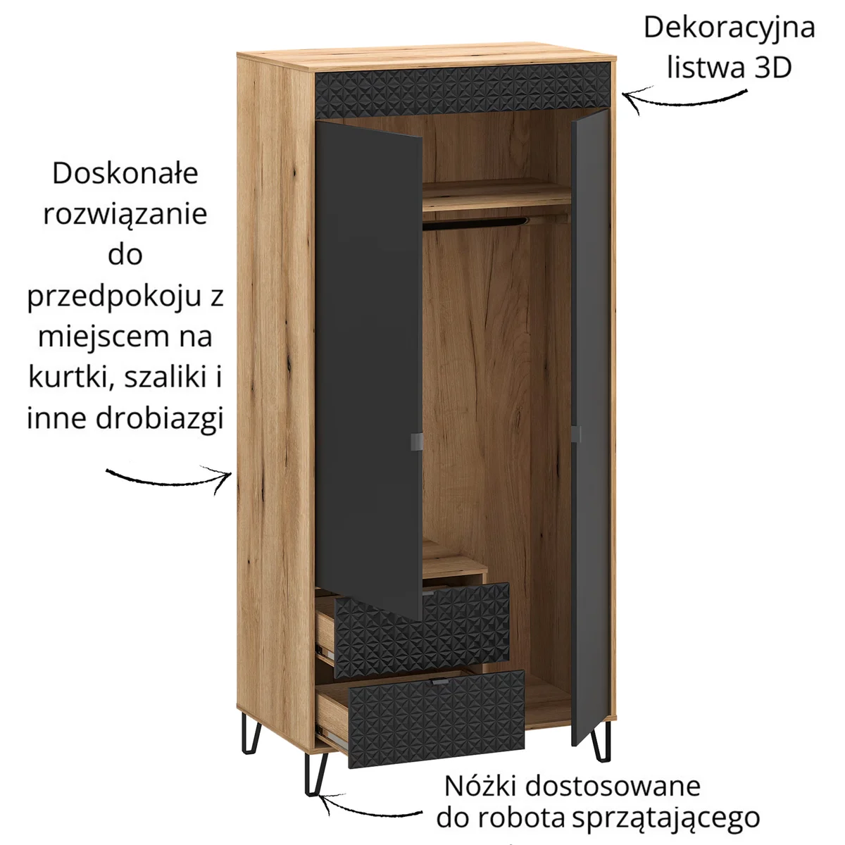 Szafa BELLANO 2d2s [F] dąb evok / czarny | Mebelbos — zdjęcie 5