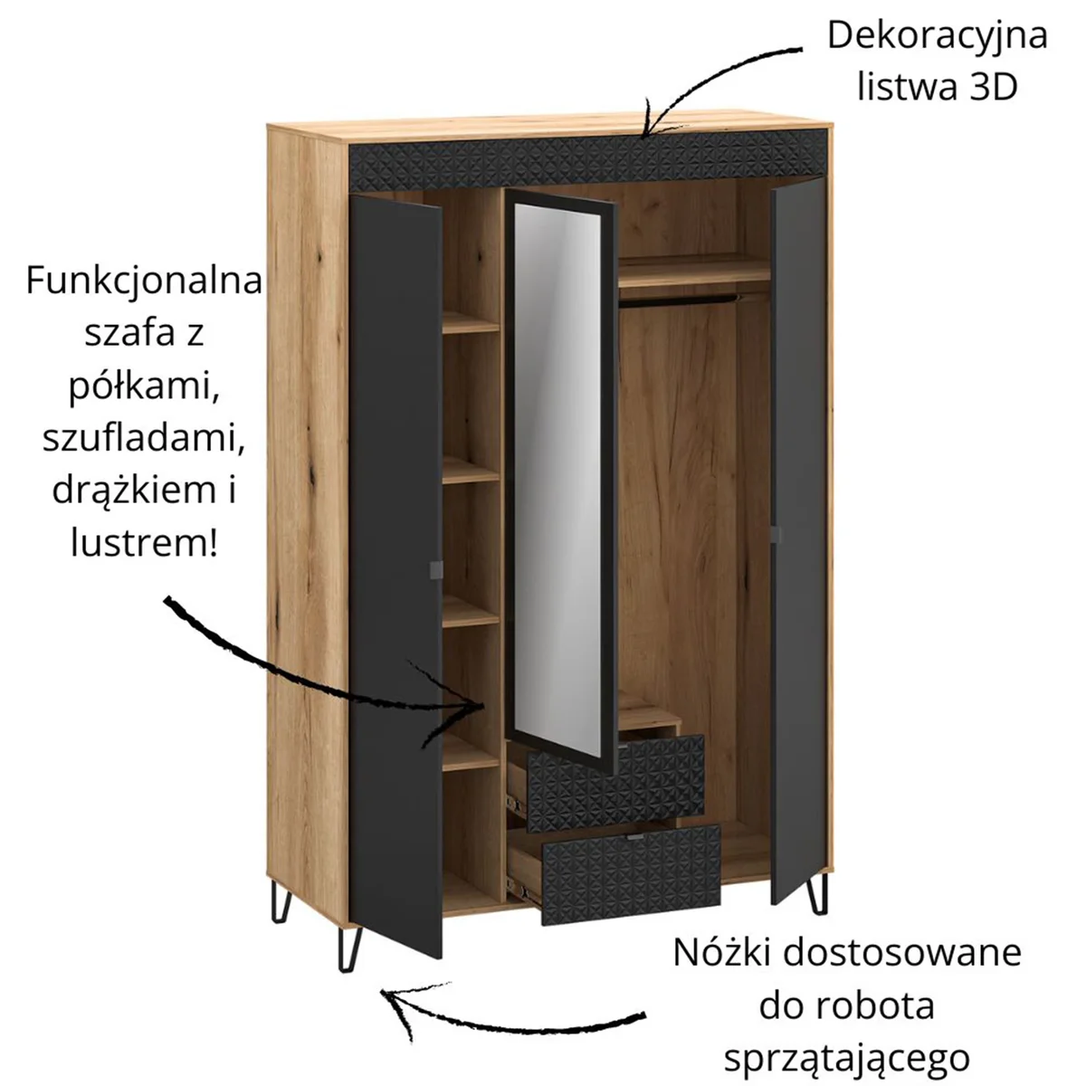 Szafa BELLANO z lustrem 3d2s [H] dąb evok / czarny | Mebelbos — zdjęcie 6